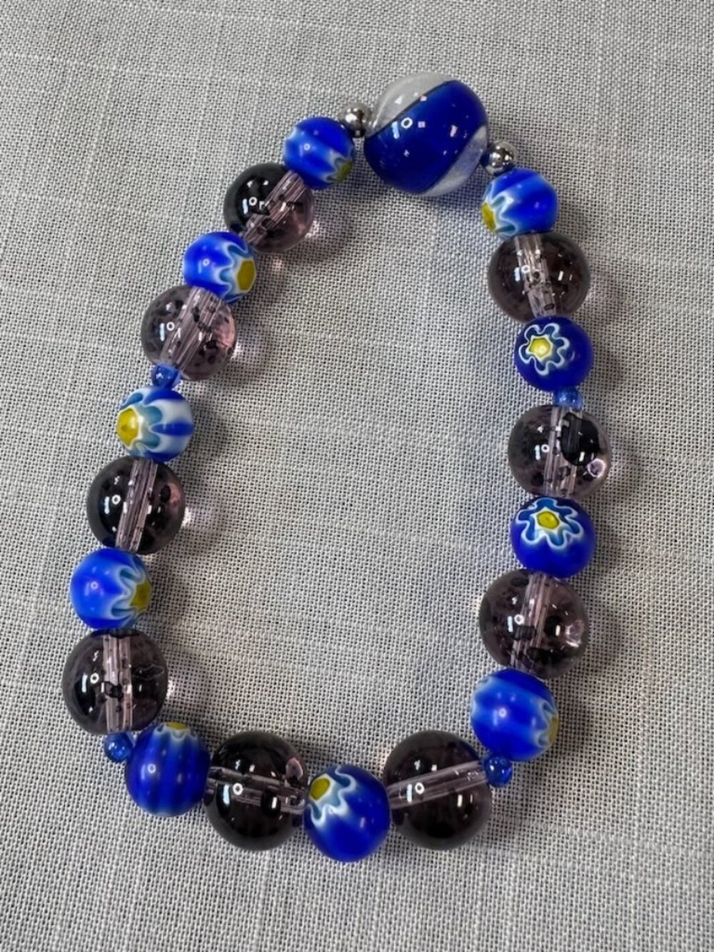 Blue Milleflori and Smoky Gray Glass Beaded Bracelet